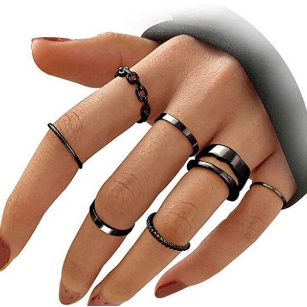 Svart Knuckle Ring Set för kvinnor för flickor Snake Chain Stacking Ring V