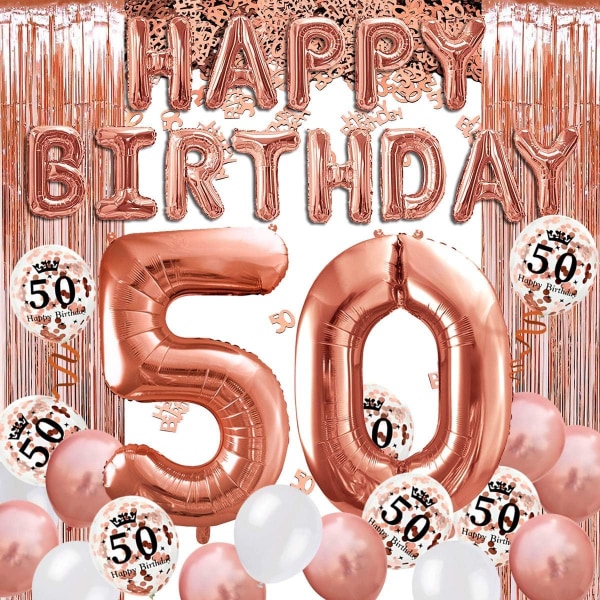 50 år rosa guld födelsedag deco, grattis på födelsedagen banner, helium ballong nummer 50 XXL, rosa guld fransgardin latex konfetti nummer bord deco conf