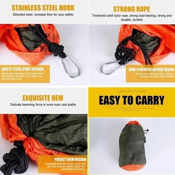 Bärbar hängmatta för 2 person för utomhuscamping med färgmatchande hängmatta i nylon Höghållfast hängande säng i fallskärmstyg orange-grå