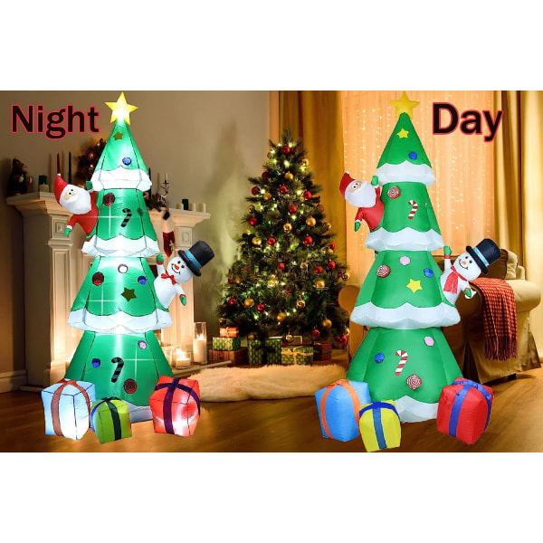 8FT juluppblåsbara träddekorationer, julgran inbyggda LED-lampor med roterande färg med uppblåsbar jultomte snögubbe, uppblåsbar jul-T