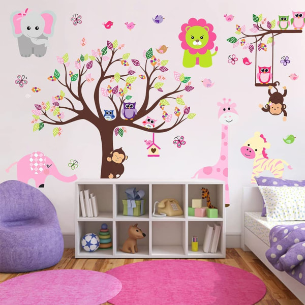 Väggklistermärke för barnkammare, rosa djungeltema för barn, färgglada dekorativa klistermärken för baby , lekrum