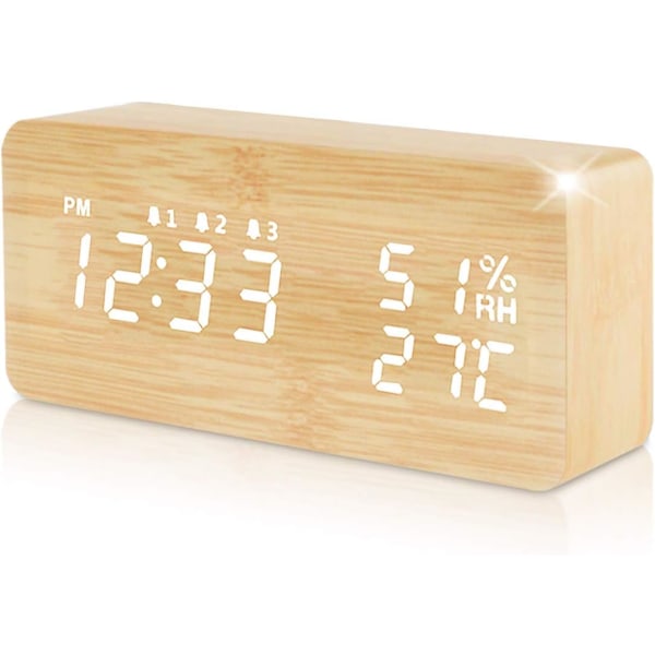 Acelectronic trä LED väckarklocka, digital klocka Digital väckarklocka Elektrisk trä väckarklocka med datum Temperatur kalender luftfuktighet