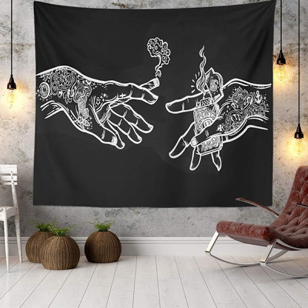 Valkoinen ja musta kukkakuvioinen seinävaate, psykedeelinen trippy hippi boho -seinävaate (150×100cm)