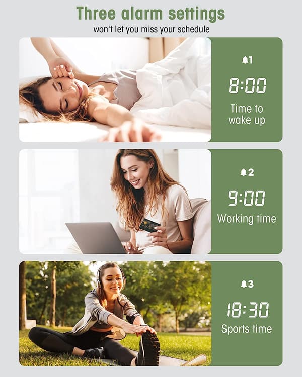 Digital väckarklocka i trä, digital klocka med snooze/datum/temperatur och luftfuktighet - vit