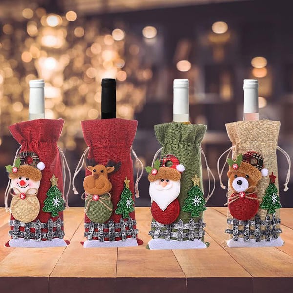 4-pack cover för vinflaskor, julälg, jultomte, vinflaskpåsar, snögubbe, jultröja, överdrag för vindekor till jul dec