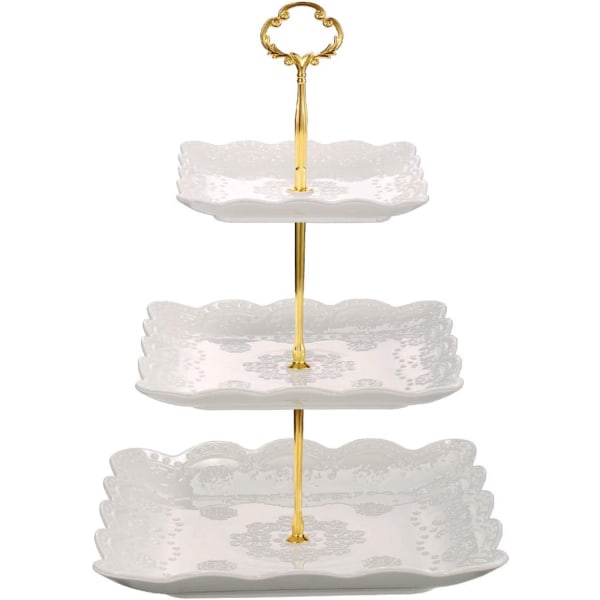 3-lags Porcelæn Cupcake Stand, Etage Serveringskage Stand, Hvid Præget Firkantet Dessert Stand, Bage Serveringsbakke til Bryllupsfester