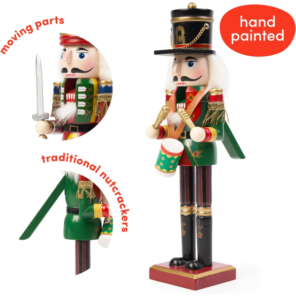 2 jul nötknäppare soldater i trä, 30 cm festliga färger - Premium furu, klassiska traditionella trädfestdekorationer och rörliga delar
