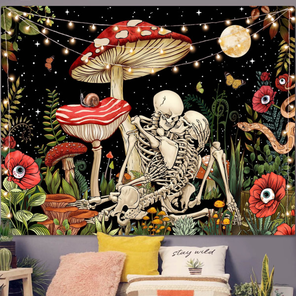 Svamp Skalle Gobeläng Skelett Blommiga Gobelänger Trippy Flower Gobeläng för sovrum Estetisk Hippie Cool Nature Moon Star Wall Gobeläng för Dorm Li