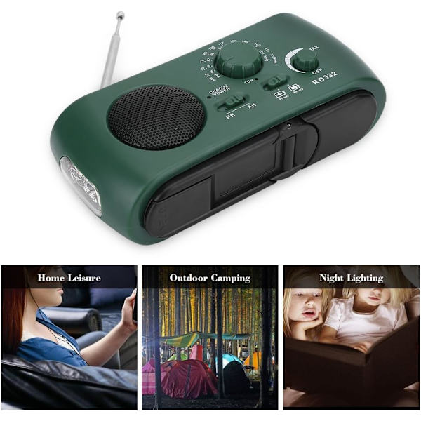 Nødradio med håndsveiv og lommelykt, AM/FM solcelledrevet LED-radio med USB-kabel, backup-lykt for campinglading