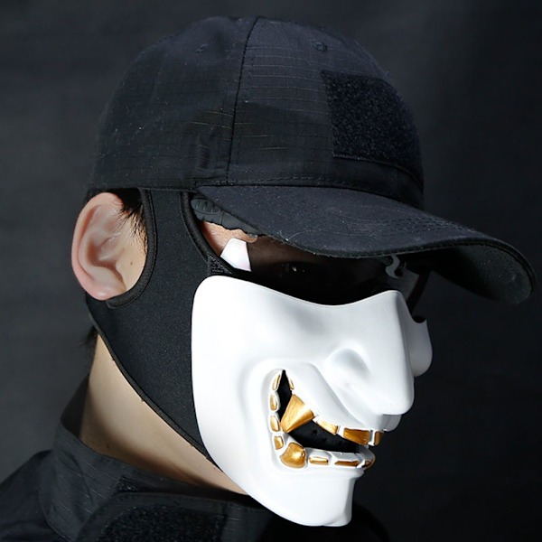 Airsoft halvansiktsmasker, Evil Demon Monster Kabuki Samurai Hannya Oni Halv Face Protective Masks Maskeradboll, Fest, Halloween, Cs War Game (Vit)