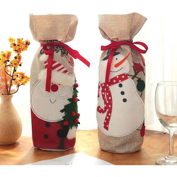 Julevinpose, Jute Vinflaske Gavepose med Snøring, Gjenbrukbare Vinflaske Trekk til Jul, Bryllup, Bursdag, Festdekor (2 stk)
