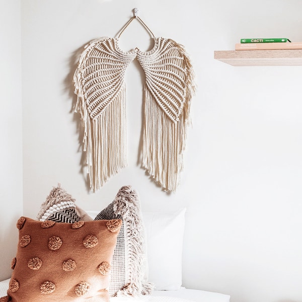 Boho Angel Wings Väggdekor Elegant gobeläng med lång tofs, Makrame Vägghängande, Handgjord vit bomullssnöre Bohemisk inredning, Chic Rumsinredning, Ornam