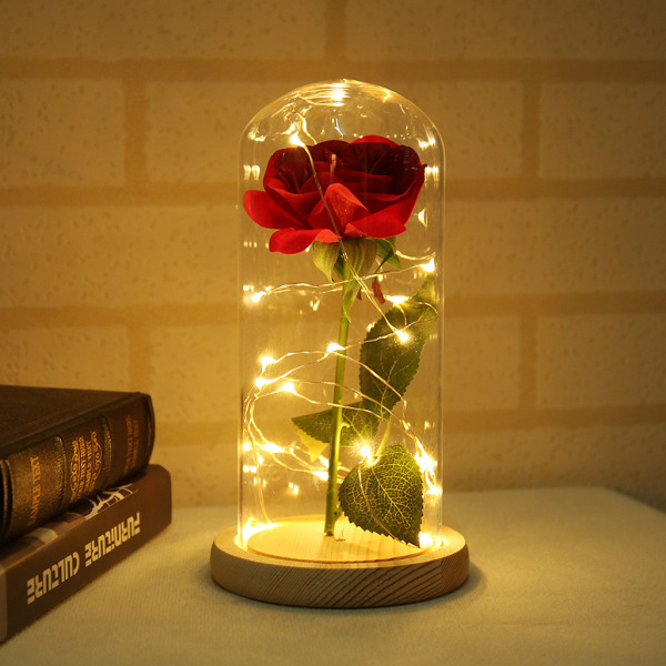 Rose Vas Skönhet Bordslampa Röd Rose Med Led ljus glaskupol Alla hjärtans dag present