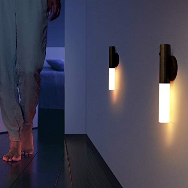 USB Opladning Smart Kropssensor Natlampe, Bevægelsessensor Natlampe, Gang Soveværelse Aisle Trapper Garderobe Vægmonteret Induktionslampe (Sort Valnød