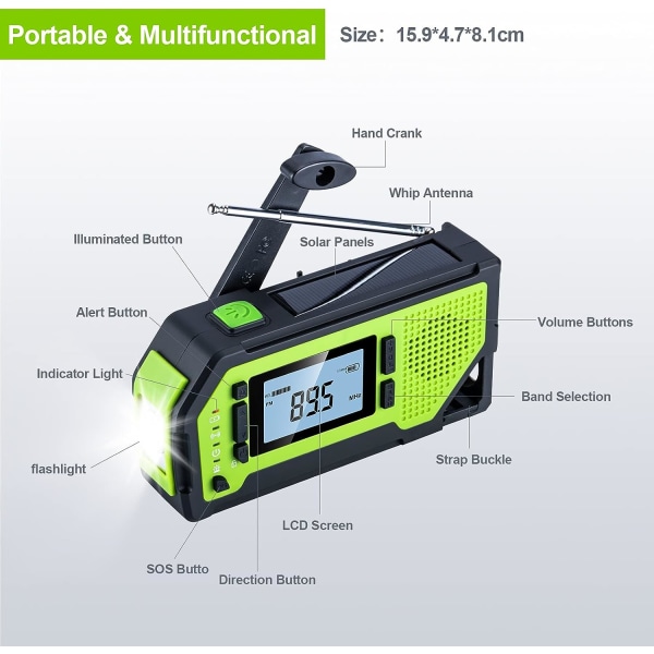 Bärbar radio med LCD-skärm och 2000mAh uppladdningsbart batteri Handvev Nödradio Solar Power Bank SOS Alarm -Grön
