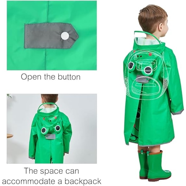 Regnponcho för barn, Poncho för toddler med huva, vattentät regnjacka, 3D-tecknad regnkläder för barn för flickor (grön, medium)