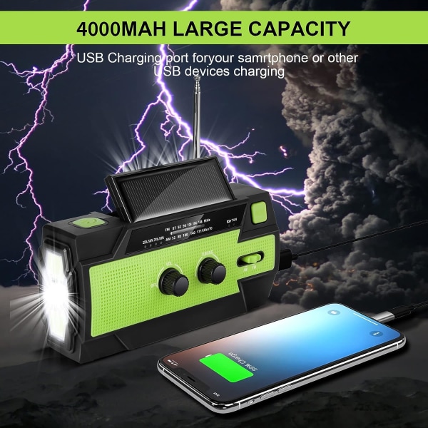 Solar Crank Radio Bärbar uppladdningsbar radio med AM/FM/WB Inbyggt 4000mAh uppladdningsbart batteri 4 lägen LED-ficklampa SOS Alarm, Grön
