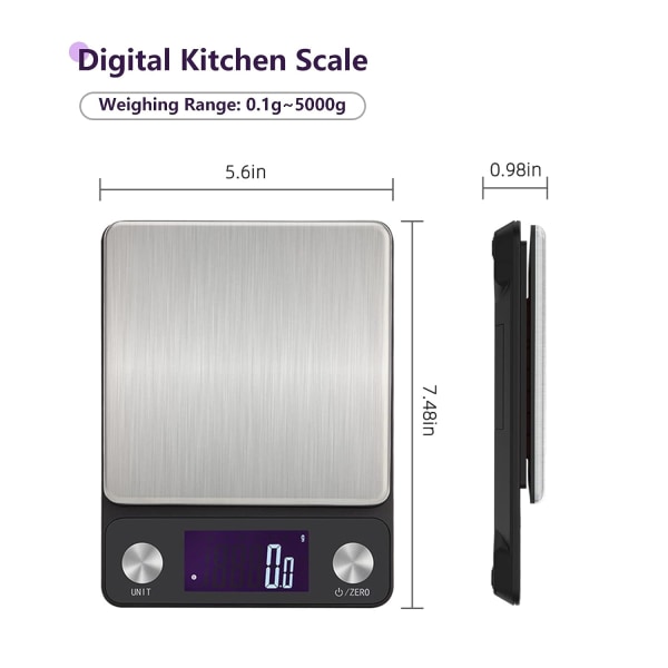 Köksvåg, digital elektronisk våg, USB laddningsbar, hög precision (svart 5 kg)
