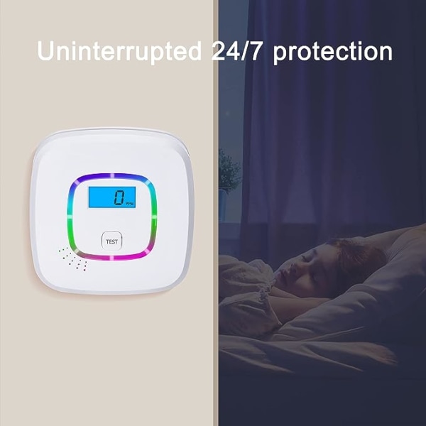 CO-detektor med digital display och utbytbar batteridrift， Kolmonoxiddetektor, med testknapp och LED-statuslampa, EN 50291-certifierad