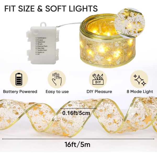 Gyldne julebånd fe lys, 10 meter, 100 LED lys, batteridrevne kobber fe lys, og bånd sløyfe lys for bryllup jul