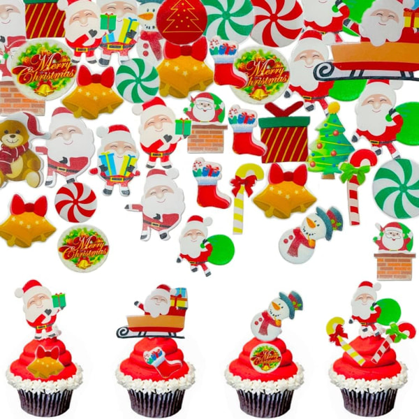 300st ätbar jultårta muffinsdekoration, ätbar julkaka muffin toppers julrån papper, ätbar jultomte Xmas Tree Snowman Ho