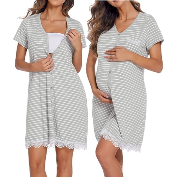 Nattlinne för kvinnor Kortärmad Nattklänning med knapp öppen framtill Sovkläder, grårandig, storlek XL