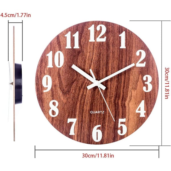 träfibrer självlysande väggklocka, modern dekorativ tyst väggklocka, stor urtavla med 30 cm