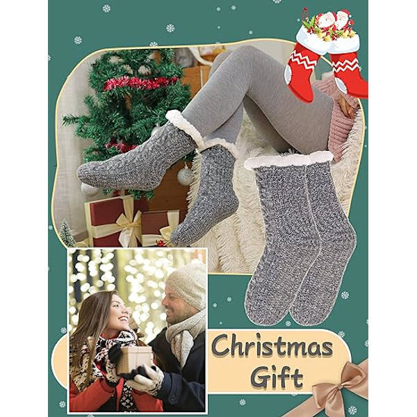 Dam Fuzzy Slipper Socks Fluffy Cozy Cabin Vinter Varm Fleece Plyschstickad med grepp Halkfria strumpor