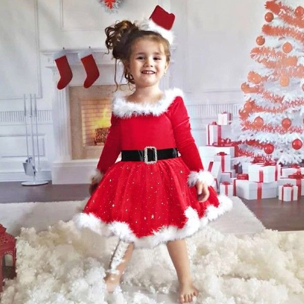 Ny tjejklänning julfleece långärmad stjärnklänning med mesh Barnklänning Bowknot Princess Dress (M - Passar ca 3 år)