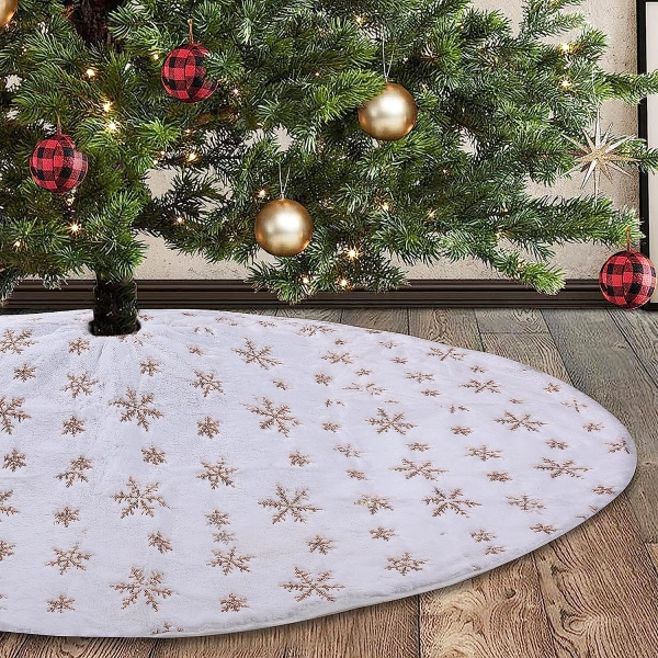 Christmas Fluff Tree Kjol, 48 tums guldpaljett Snowflake Tree Skirt, Xmas plysch trädmatta för julfest inomhusdekorationer