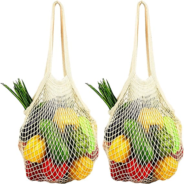 [2-pak] Premium Net Indkøbsposer, Genanvendelige Frugtposer, Net Tote Tasker med Langt Håndtag, 100% Bomulds Snøreposer, Frugt- og Grøntsagsposer, Beige (Portab