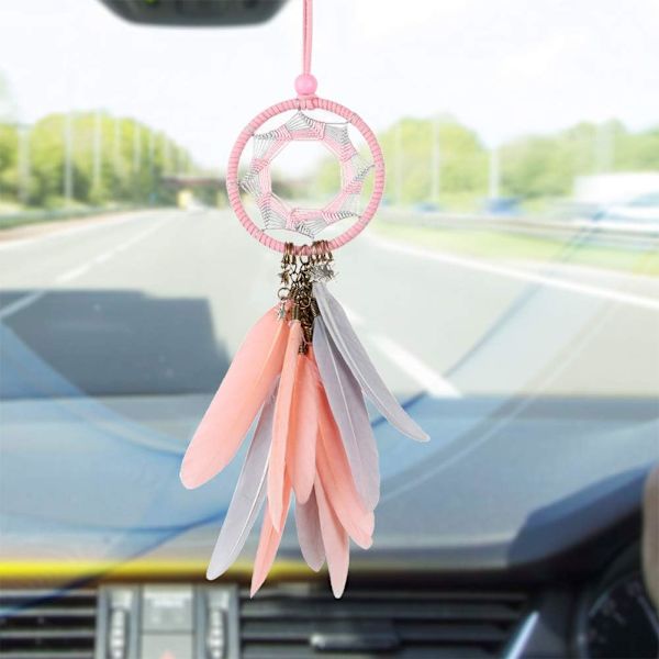 Drømmefanger Håndlavet Drømmefanger Grå Fjer Vægophæng Ornament Bil Interiør Bakspejl Vedhæng Bil Charm Hængende (Pink)