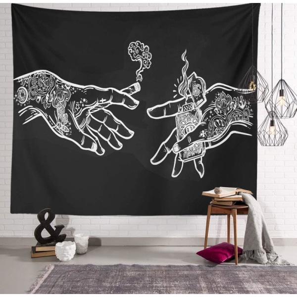 Valkoinen ja musta kukkakuvioinen käsi-seinävaate, psykedeelinen trippy hippi boho uutuusseinävaate,(150×130cm)