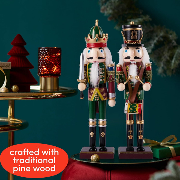 2 jul nötknäppare soldater i trä, 30 cm festliga färger - Premium furu, klassiska traditionella trädfestdekorationer och rörliga delar