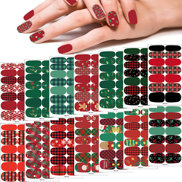 14 set julpress på naglar, julfyrkantiga ovala konstnaglar, akrylnaglar, julnagelplåster, juldekoration för nail art
