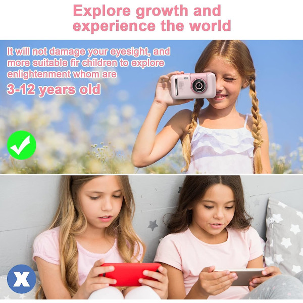 Barnkamera, barnkamera med stativ, 180° roterande lins, 40 MP foto & 720P HD-video/2,4 tums IPS-skärm, bra present till barn 3-10 år gamla, rosa
