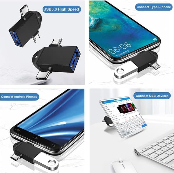 2-in-1 Micro USB/USB-C - USB 3.0 -sovitin kaulanauhalla (2 kpl), Seminer USB C - USB -sovitin, Micro - USB -muunninsovitin, musta