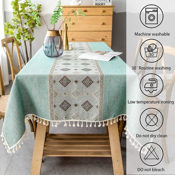 Linne och bomull rektangulär duk, fyrkantsstygn tofsformade rektangulära dukar Tvättbara dukar för köksmatbord (140x180cm)