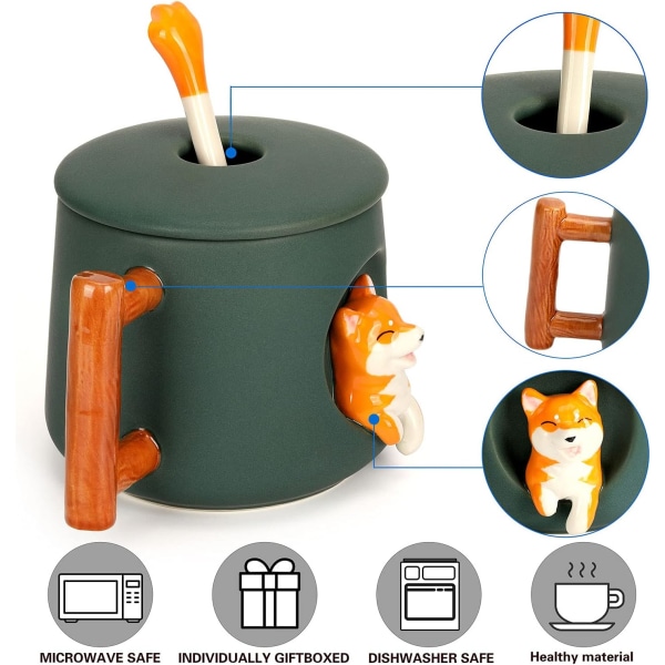 Söt 3D-kaffemugg, mönster inuti 14 oz kopp med öppningslock och matchande söt tasssked, nyhet morgonkopp Julklapp till familjer och vänner