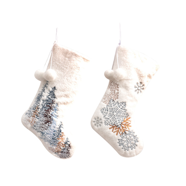 Hvite Julestrømper i Fuskepels Broderte Julestrømper, Julepynt Strømper 2-pakning (Stil-EW)