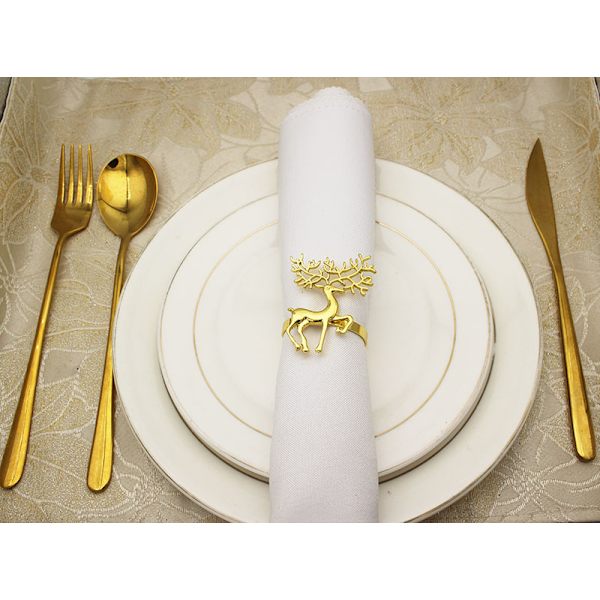 Christmas Gold Deer Servettringar Set med 12 för jul, Thanksgiving, semester, middag, festbordsdekorationer
