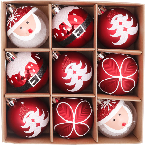 Julgranskulor prydnad, 9-pack jultomten delikat färg och glitter splittringssäker trädhängande prydnadssaker grannlåt med retro röd vit färg för Ch