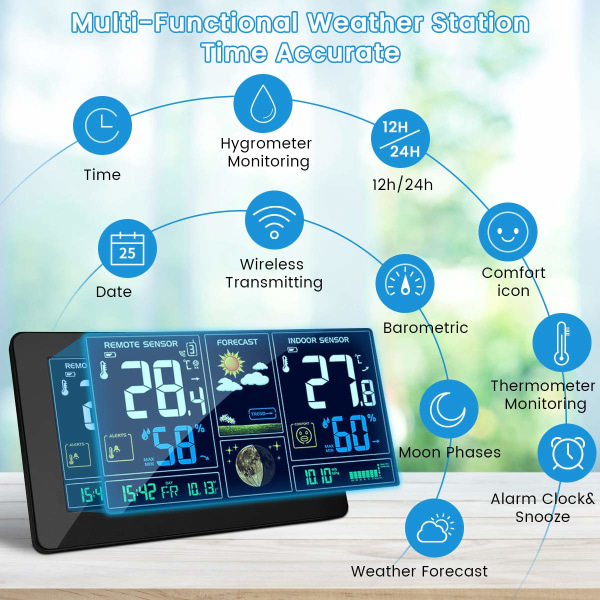 Radiotermometer Hygrometer Barometer Digital inomhus utomhusmåne Fas 9 i 1 väderstation Visar vädertemperaturprognos