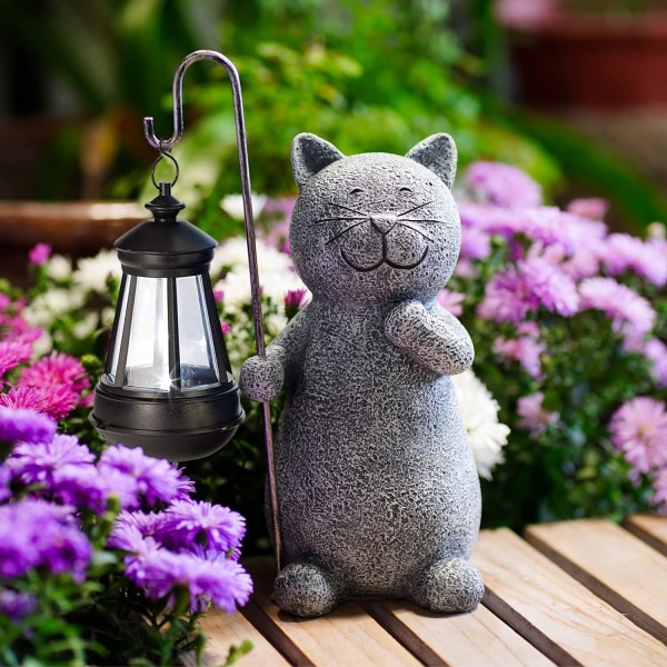 Solcellsdriven trädgårdsstaty Kattfigur - Trädgårdskonst med solcellsdriven lykta, kärleksfull katt för uteplats