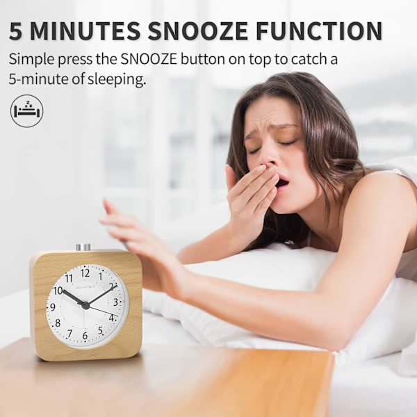 Batteridrevet Morgen Vækkeur, aboveClock Træ Vækkeur Analogt Rejsevækkeur Lydløs Ikke-tikkende Lysende med Snooze Funktion 【Lyst Træ