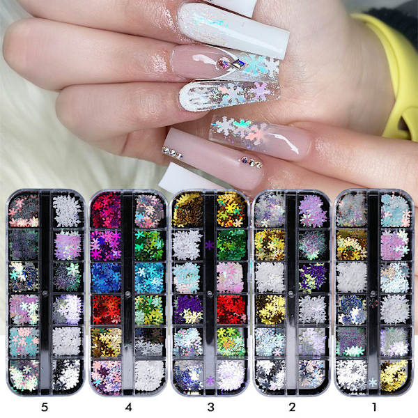 5 lådor Jul Nageldekorationer Holografisk Snöflinga Nagel Glitter Jul Nagel 3D Snöflinga Nagel paljetter Star Glitter Gör-det-själv Manikyr Laser Access