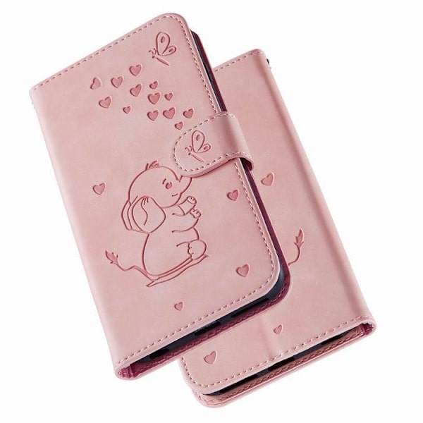 Iphone 11 phone case, Lovely Elephant Love Heart tecknat mönster med kortplats, fällbart stativ, magnetiskt cover, kompatibelt för Iphone 11 Pink