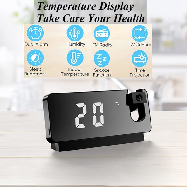 Digital väckarklocka, elektrisk projektionsväckarklocka Spegelyta med LED-skärm Temperatur/Snooze/Justerbar Ljusstyrka Modern dekoration för Ma
