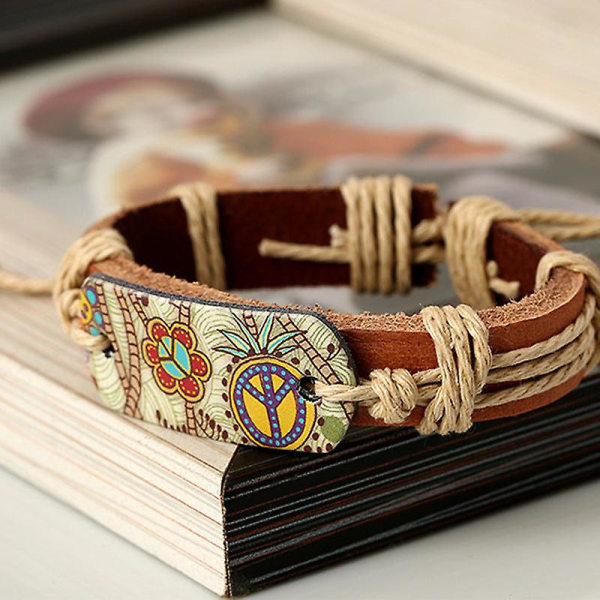 Populär prydnad hampa rep läder flätat läder armband retro stil värmeöverföring patch fred logo läder armband