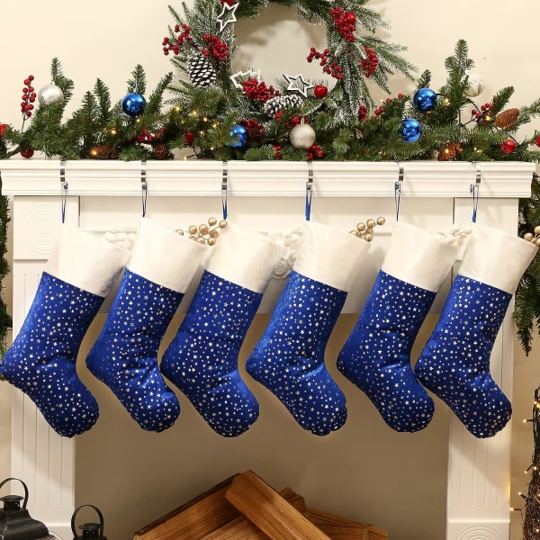 Julstrumpor, set med 6 st 18" gnistrande guldstjärnor med plyschmanschett, klassiska strumpdekorationer för hela familjen, blå och silver